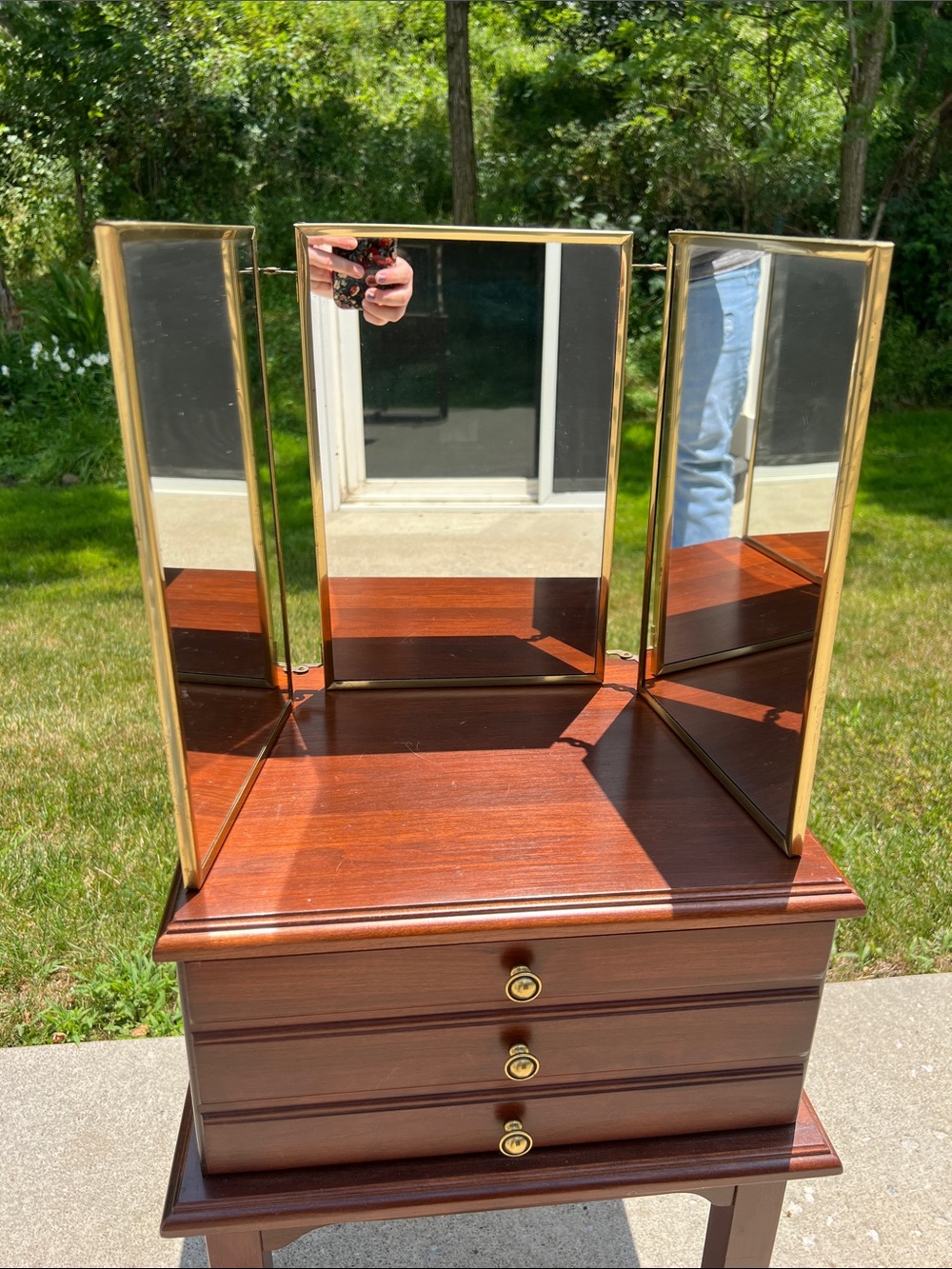 Vintage MCM Hollywood Regency Tri-Fold Panel Tabletop Boudoir Vanity Mirror
